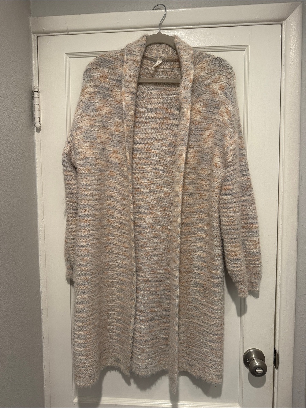 Wishlist Heathered Cream Open-Front Long Cardigan with Tan Flecks